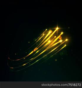 Meteor shower with yellow shooting stars burning in the night sky with bright trails of afterglow. Astronomy and space concept design usage. Meteor shower icon of shooting stars in night sky