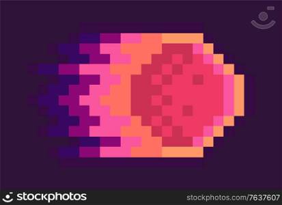 Meteor vector, isolated icon of falling asteroid in fire, pixelated graphics of element of 8 or 16 bit game, pixel art celestial body destruction. Planet Falling Meteor, Asteroid with Flame Vector