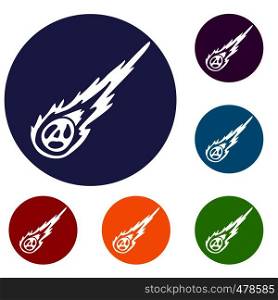 Meteorite icons set in flat circle red, blue and green color for web. Meteorite icons set