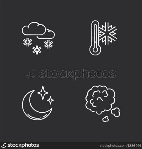 Meteorological forecast chalk white icons set on black background. Weather, atmosphere condition prediction. Scattered snow, frost, clear sky and dust. Isolated vector chalkboard illustrations. Meteorological forecast chalk white icons set on black background