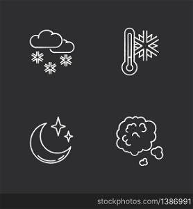 Meteorological forecast chalk white icons set on black background. Weather, atmosphere condition prediction. Scattered snow, frost, clear sky and dust. Isolated vector chalkboard illustrations. Meteorological forecast chalk white icons set on black background
