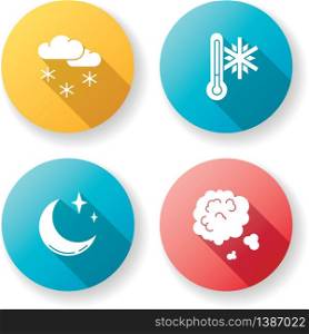 Meteorological forecast flat design long shadow glyph icons set. Weather, atmosphere condition prediction. Scattered snow, frost, clear sky and dust. Silhouette RGB color illustration. Meteorological forecast flat design long shadow glyph icons set