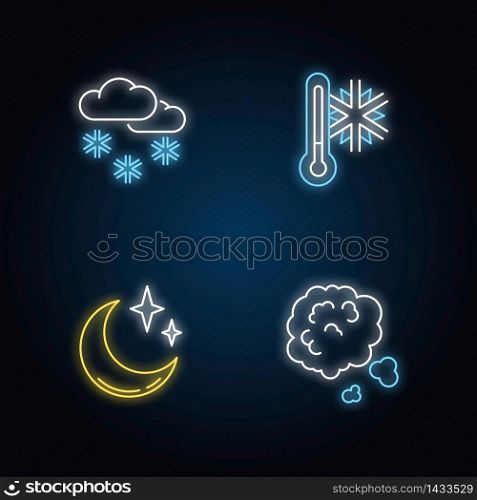 Meteorological forecast neon light icons set. Weather, atmosphere condition signs with outer glowing effect. Scattered snow, frost, clear sky and dust. Vector isolated RGB color illustrations. Meteorological forecast neon light icons set