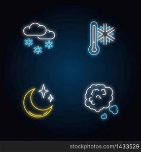 Meteorological forecast neon light icons set. Weather, atmosphere condition signs with outer glowing effect. Scattered snow, frost, clear sky and dust. Vector isolated RGB color illustrations. Meteorological forecast neon light icons set