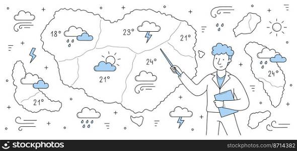 Meteorological report, weather forecast doodle concept. Tv presenter male character stand at screen with meteorology map. Anchorman presenting monitor with information, line art vector illustration. Meteorological report, weather forecast concept