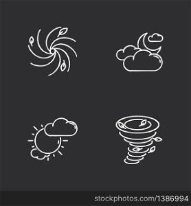 Meteorological warning chalk white icons set on black background. Bad weather forecast, prediction. Cloudy and partly cloudy skies, hurricane, tornado. Isolated vector chalkboard illustrations. Meteorological warning chalk white icons set on black background