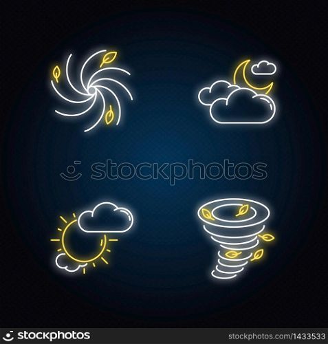 Meteorological warning neon light icons set. Bad weather forecast signs with outer glowing effect. Cloudy and partly cloudy skies, hurricane, tornado. Vector isolated RGB color illustrations. Meteorological warning neon light icons set