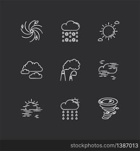 Meteorology chalk white icons set on black background. Weather forecasting science, environment condition prediction. Humidity, atmospheric precipitation. Isolated vector chalkboard illustrations. Meteorology chalk white icons set on black background