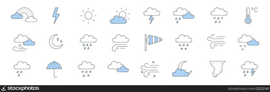 Meteorology icons, weather forecast signs with sun, moon, clouds, lightning, rainbow, thermometer and umbrella. Vector doodle set of rain, snow, tornado, wind storm, overcast and blizzard. Meteorology icons, weather forecast signs
