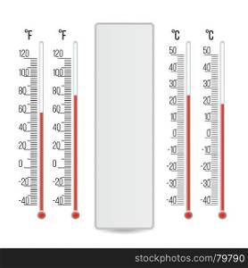 Meteorology Thermometer Vector. Scale Celsius, Fahrenheit. Isolated Illustration. Realistic Meteorological Thermometer Vector. Rred And Blue. Different Levels. Isolated Illustration