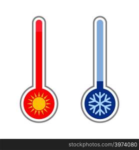 Meteorology thermometers. Measuring hot and cold temperature. Snowflake, sun icons.