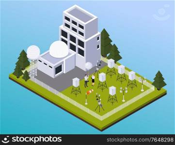 Meteorology weather forecast isometric composition with view of outdoor site with meteo station buildings and radars vector illustration