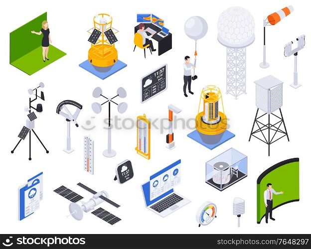 Meteorology weather forecast isometric set with isolated icons of wind pressure and temperature sensors with people vector illustration