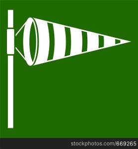 Meteorology windsock inflated by wind icon white isolated on green background. Vector illustration. Meteorology windsock inflated by wind icon green