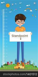Meter wall with Cartoon character boy on vertical landscape vector illustration
