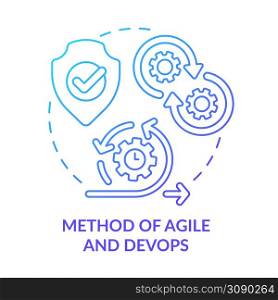 Method of Agile and DevOps blue gradient concept icon. Innovation processes. Tech macro trends abstract idea thin line illustration. Isolated outline drawing. Myriad Pro-Bold font used. Method of Agile and DevOps blue gradient concept icon