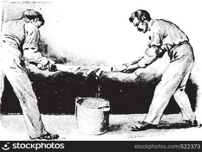 Method of wringing blanket from boiling water by keeping ends dry, vintage engraved illustration.
