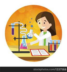 Methodology and Exchange Experience at School in Chemistry Class. Vector Flat Illustration on Orange Background in White Round Frame. Brunette School Girl Puts Chemical Experiments.