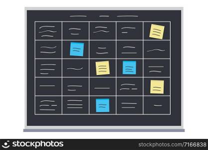 Methodology tasks on blackboard, board full of tasks on sticky note cards,flat vector illustration. Methodology tasks on blackboard, board full of tasks on sticky n