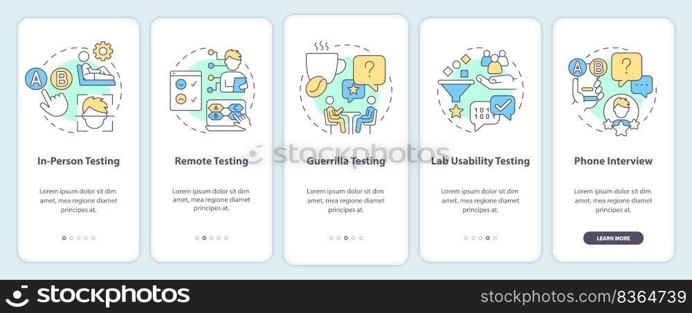 Methods for usability testing onboarding mobile app screen. Research walkthrough 5 steps editable graphic instructions with linear concepts. UI, UX, GUI template. Myriad Pro-Bold, Regular fonts used. Methods for usability testing onboarding mobile app screen