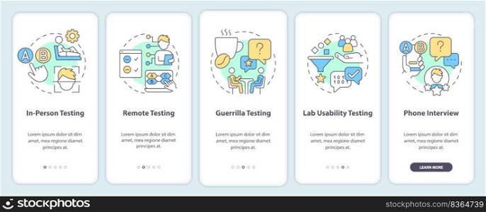 Methods for usability testing onboarding mobile app screen. Research walkthrough 5 steps editable graphic instructions with linear concepts. UI, UX, GUI template. Myriad Pro-Bold, Regular fonts used. Methods for usability testing onboarding mobile app screen