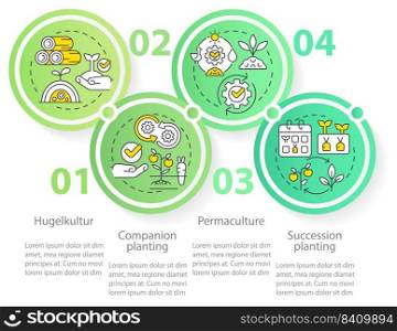 Methods of gardening circle infographic template. Effective planting. Data visualization with 4 steps. Editable timeline info chart. Workflow layout with line icons. Myriad Pro-Regular font used. Methods of gardening circle infographic template