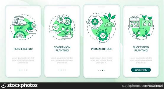 Methods of gardening green onboarding mobile app screen. Planting walkthrough 4 steps editable graphic instructions with linear concepts. UI, UX, GUI template. Myriad Pro-Bold, Regular fonts used. Methods of gardening green onboarding mobile app screen