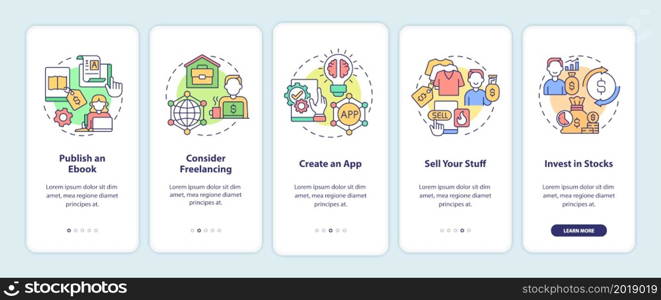 Methods to make money online onboarding mobile app page screen. Publish ebook walkthrough 5 steps graphic instructions with concepts. UI, UX, GUI vector template with linear color illustrations. Methods to make money online onboarding mobile app page screen