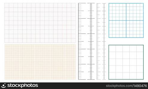 Metric Graph Paper And Corner Ruler Set Vector. Collection Of Measure Paper 1 Mm Millimeter Grid Accented Every Centimeter. Engineer Drafting Technical Project Precise Tool Template Illustrations. Metric Graph Paper And Corner Ruler Set Vector