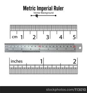 Metric Imperial Rulers Vector. Centimeter And Inch. Measure Tools Equipment Illustration Isolated On White Background.. Metric Imperial Rulers Vector. Centimeter And Inch. Measure Tools Equipment Isolated On White Background.