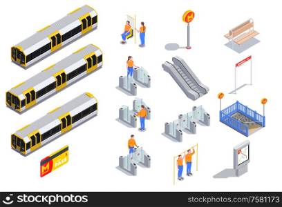 Metro elements set with 3d carriage train turnstile escalator passengers isometric isolated vector illustration