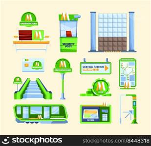 Metro infrastructure. Subway signs railway transport turn site stairs urban metro collection garish vector flat illustrations isolated. Subway for passenger, rail sign, railroad train. Metro infrastructure. Subway signs railway transport turn site stairs urban metro collection garish vector flat illustrations isolated