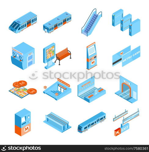 Metro isometric icons set with train tickets tunnel escalator turnstile isolated on white background 3d vector illustration