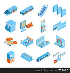 Metro isometric icons set with train tickets tunnel escalator turnstile isolated on white background 3d vector illustration