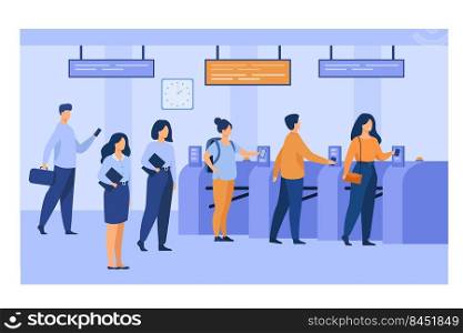 Metro passengers scanning electronic train tickets at entrance and turnstiles. Subway employees in uniforms keeping order. Vector illustration for public transport, automatic service concept