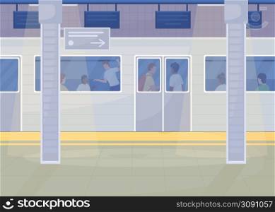 Metro station with electric train flat color vector illustration. Modern urban lifestyle. High-capacity public transport 2D simple cartoon cityscape with underground railroad on background. Metro station with electric train flat color vector illustration