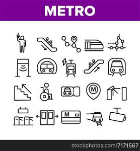 Metro Underground Collection Icons Set Vector Thin Line. Metro Train And Equipment, Ticket And Card, Door And Video Camera, Escalator And Turnstile Pictograms. Monochrome Contour Illustrations. Metro Underground Collection Icons Set Vector