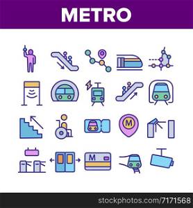 Metro Underground Collection Icons Set Vector Thin Line. Metro Train And Equipment, Ticket And Card, Door And Video Camera, Escalator And Turnstile Pictograms. Color Contour Illustrations. Metro Underground Collection Icons Set Vector