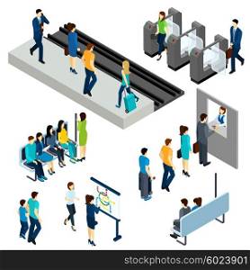 Metro Underground Station Isometric Composition Banner. Metro underground station isometric icons composition poster with passengers entering platform through the ticket barrier abstract vector illustration