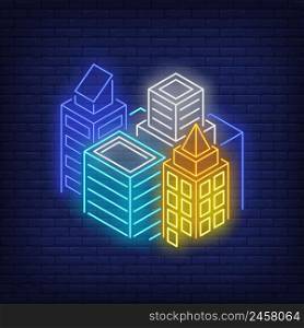 Metropolis buildings neon sign. Architecture, city, downtown design. Night bright neon sign, colorful billboard, light banner. Vector illustration in neon style.
