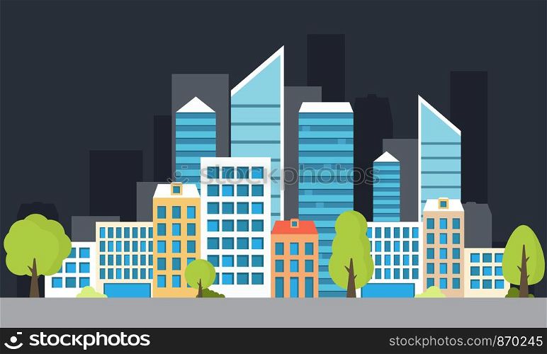 Metropolis, exterior with buildings, skyscrapers. Cartoon city on dark background.