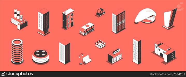 Metropolis set with isolated isometric icons and images of modern urban buildings and cars with shadows vector illustration. Metropolis Isometric Icon Set