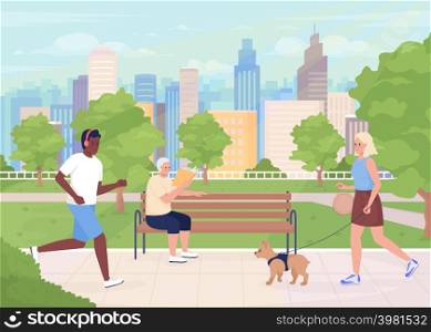Metropolitan park with visitors flat color vector illustration. Jogging and reading. Green space. People enjoying outdoor activities 2D simple cartoon characters with cityscape on background. Metropolitan park with visitors flat color vector illustration