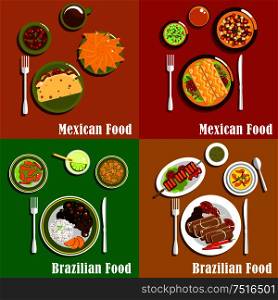 Mexican and brazilian cuisine with tacos and nachos, enchiladas and salsa sauce, meat and bean stew, pumpkin creamy soup and spicy chilli shrimps, grilled beef, fresh vegetables and various drinks. Mexican and brazilian cuisine dishes