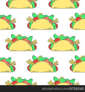 Mexican appetizer tacos seamless pattern. Colorful asian food background. Tortilla with vegetables and meat. Print for textile, packaging, paper and product design vector illustration. Mexican appetizer tacos seamless pattern