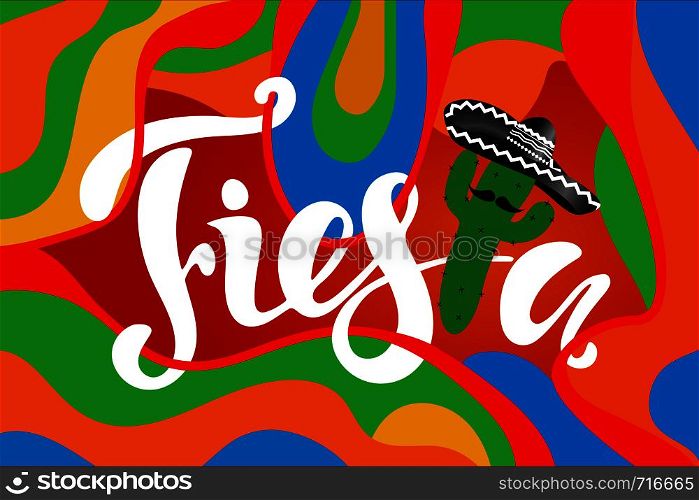 Mexican banner with cactus and hand drawn phrase Fiesta! Creative vector illustration.