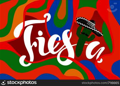 Mexican banner with cactus and hand drawn phrase Fiesta! Creative vector illustration.