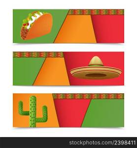 Mexican banners horizontal set with taco sombrero cactus isolated vector illustration. Mexican Banners Horizontal