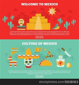 Mexican Banners Set. Mexican horizontal banners set with culture and tourism symbols flat isolated vector illustration
