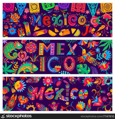 Mexican banners with food, chameleons and flowers, birds, feathers, papel picado flags and chilli peppers, decorated with bright ethnic ornament. National holiday of Mexico vector banners. Mexican banners. Food, chameleons, flowers, birds